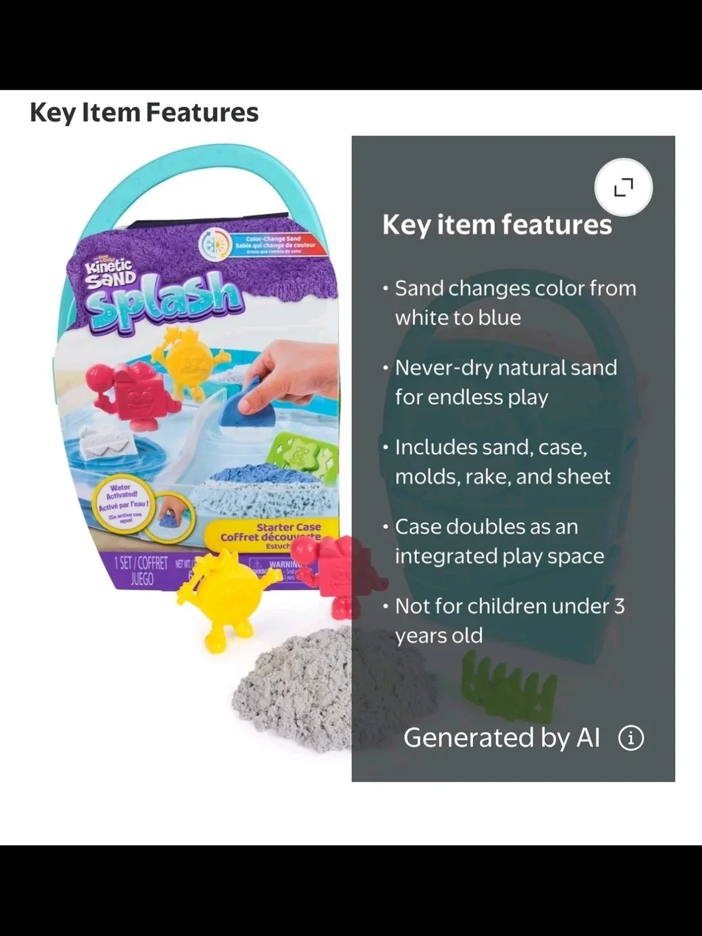 Kinetic Sand, Splash Starter Case with 6oz Color-Change Play Sand, 3 Tools Molds